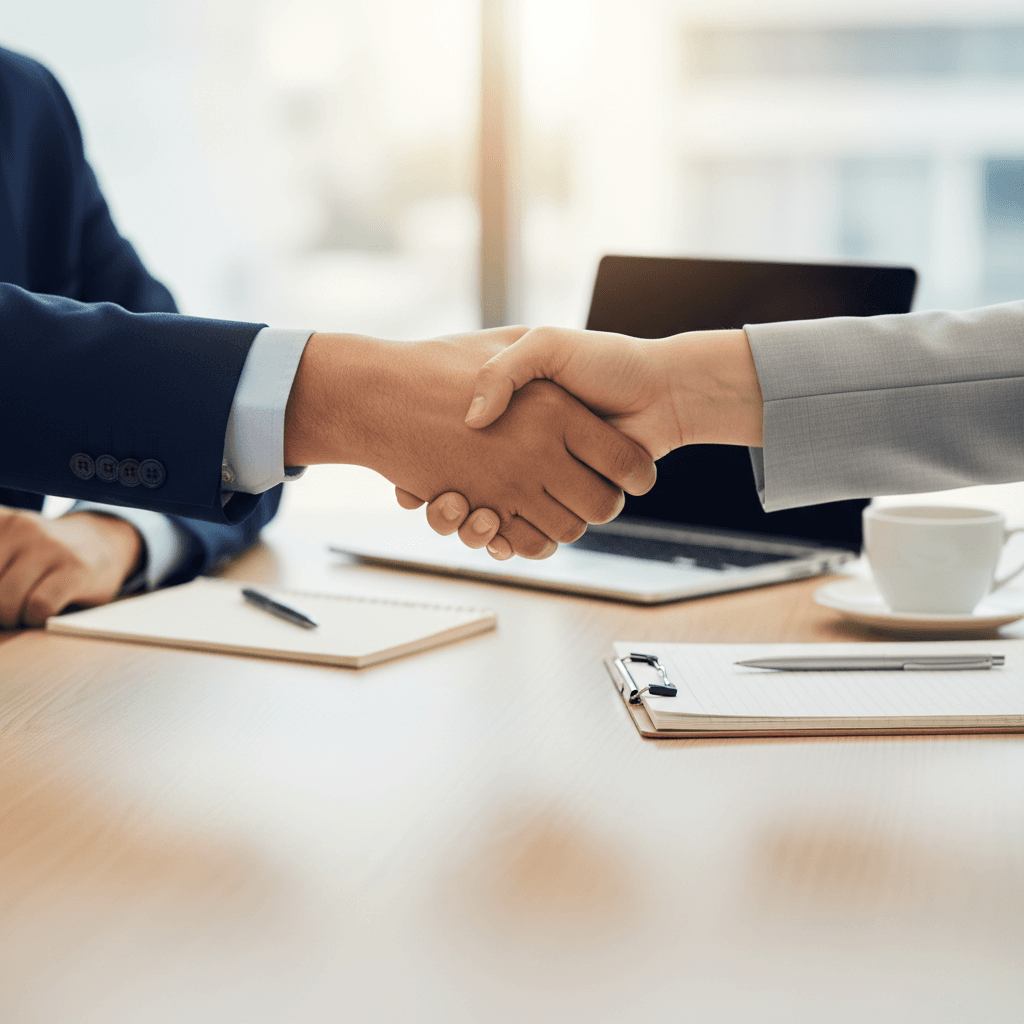 Professional handshake between employer and newly placed candidate across conference table, sealing successful job placement