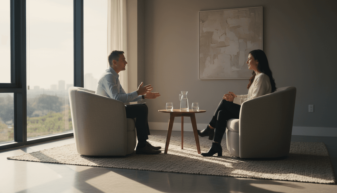 Coach and client engaged in professional face-to-face consultation in warm, comfortable coaching session space