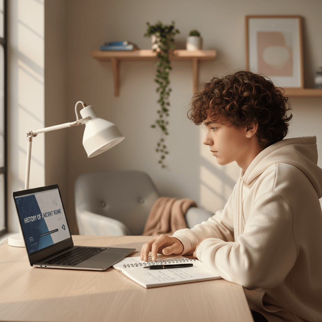 Teenage student focused on laptop screen displaying educational video in bright, minimalist home study space
