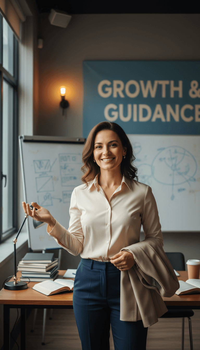 Professional mentor standing confidently in training room wearing smart casual business attire
