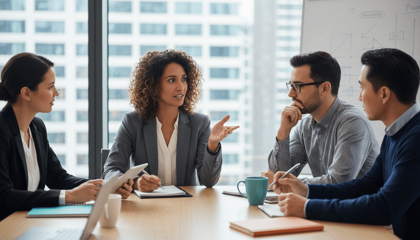 Four diverse business professionals engaged in collaborative discussion during leadership workshop with natural window light