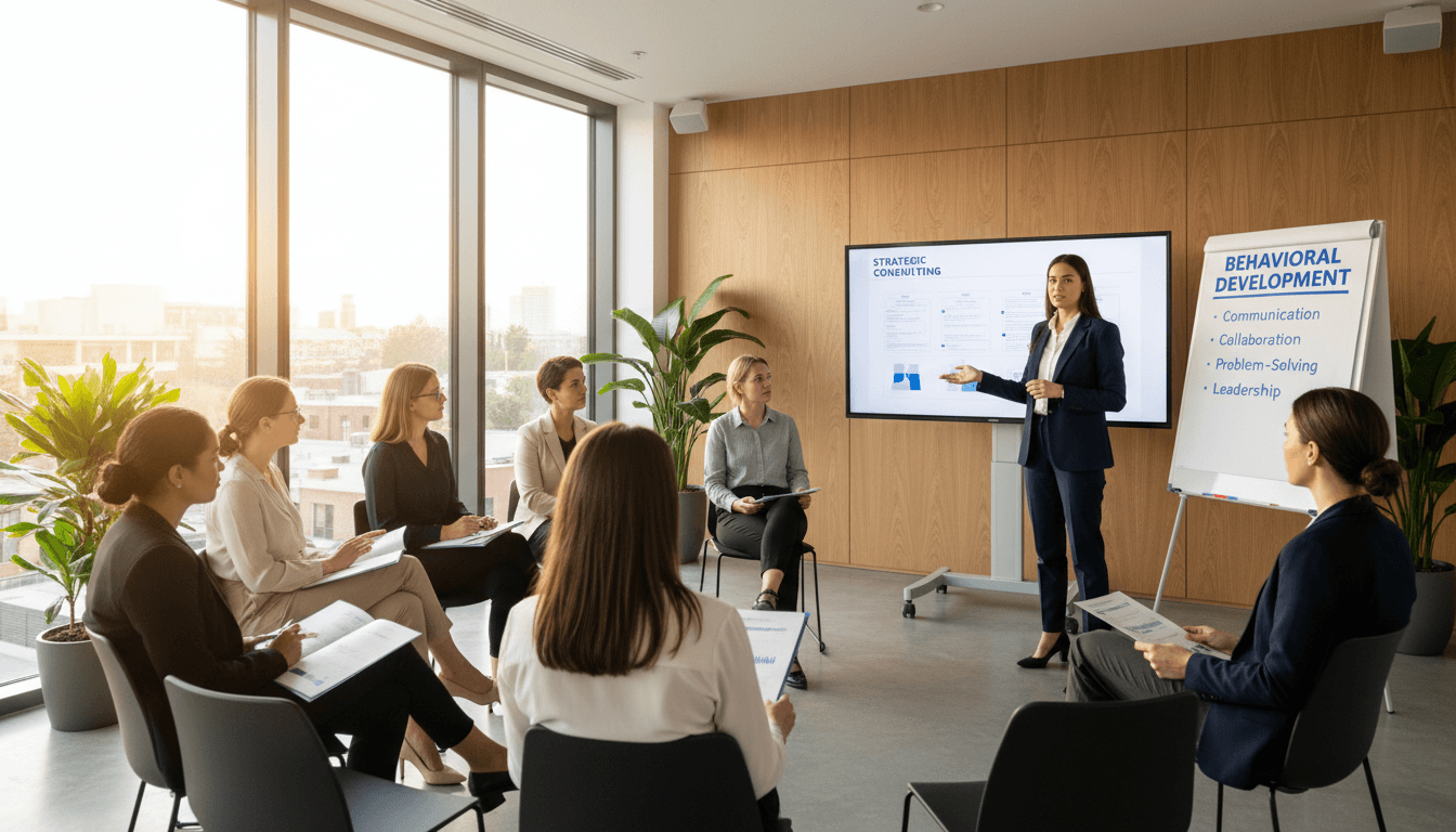 Diverse professionals engaged in interactive training workshop with facilitator leading competency-based development session