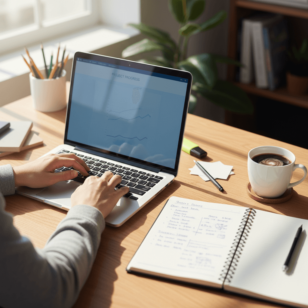 Student hands typing on laptop at wooden desk with notebook and coffee in bright natural light.